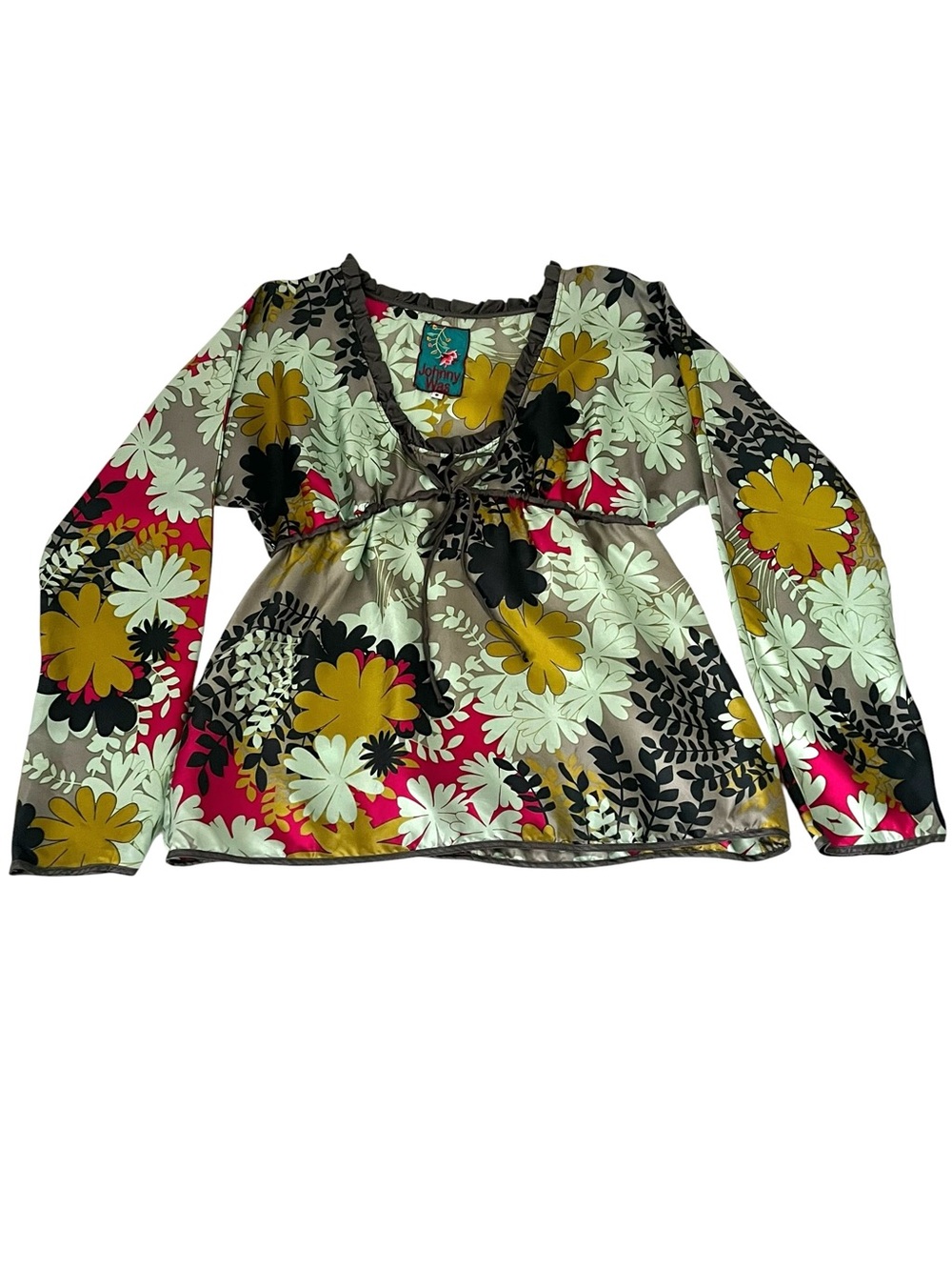 Johnny Was Floral Ruffle Tie Neck Empire Waist Boho Blouse Gray Size Small